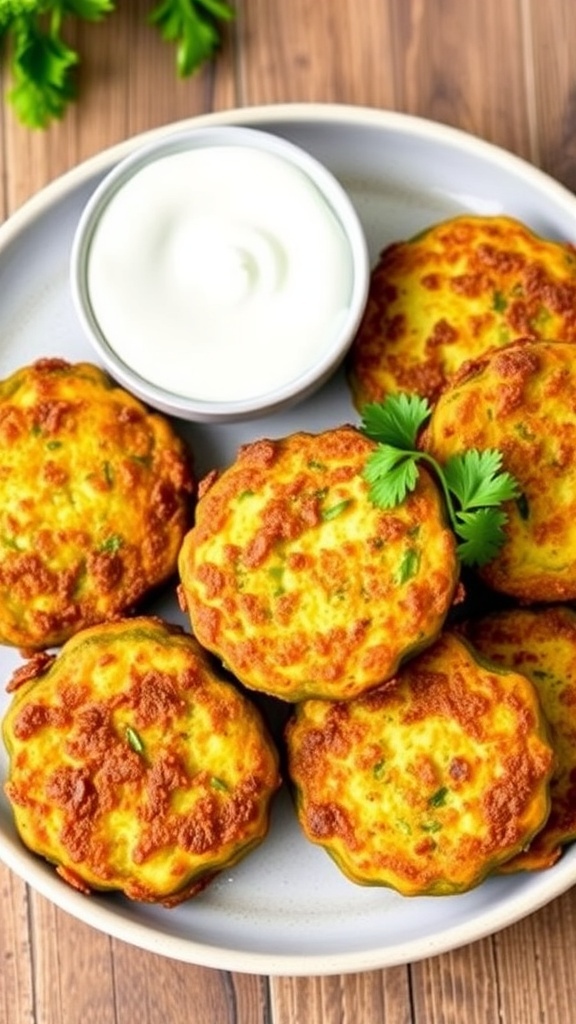 Crispy air fryer zucchini fritters on a plate with yogurt dip and parsley garnish.